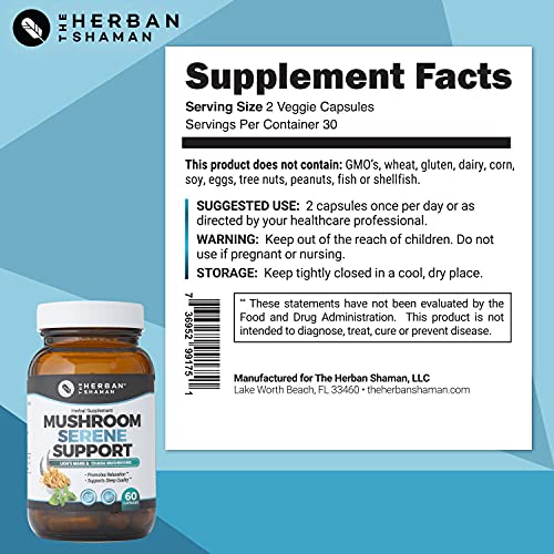 The Herban Shaman Serene Mushroom Supplement Capsules | Organic Lion’s Mane, Chaga Mycelia, Kava Root, Lavender & Passion Flower, Mucuna Pruriens, Cereus (60 Capsules) (Serene)