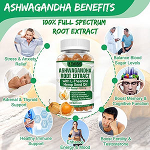 Ashwagandha Gummies, 2000mg Organic Ashwagandha Root Extract Supplement for Men & Women, 120 Count Ashwagandha for Stress & Anxiety Relief, Mood Calm, Relaxation, Adrenal & Immune Support (2pack)