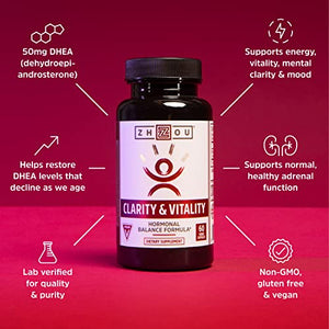 Zhou Clarity and Vitality (formerly DHEA) 50 mg, Hormonal Balance Formula for Women & Men, Healthy Aging, Non-GMO, Vegan, Gluten Free, 60 Capsules