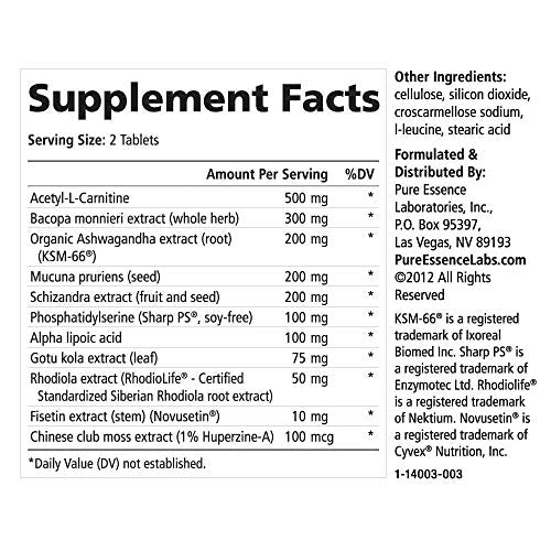 Pure Essence Labs Brain Essence - Memory Supplement & Vitamin for Men, Women & Adults - Herbal Booster for Memory, Focus, Clarity & Stress Relief - Bacopa Monnieri, Ashwagandha & More (60 Tablets)