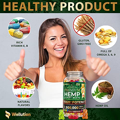 Wellution Hemp Gummies 1,500,000 XXL High Potency - Fruity Gummy Bear with Hemp Oil, Natural Hemp Candy Supplement