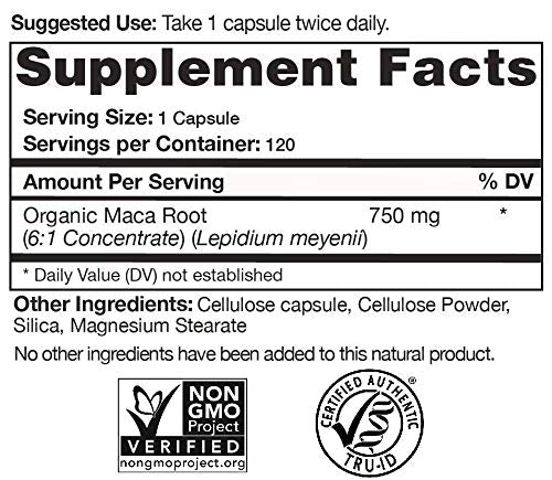 Organic Maca Root Extract (High Potency) Concentrate Supplement - 120 Capsules