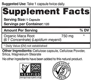 Organic Maca Root Extract (High Potency) Concentrate Supplement - 120 Capsules