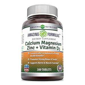 Amazing Formulas Calcium Magnesium Zinc D3 - 300 Tablets Per Bottle (Calcium 1000mg - Magnesium 400mg - Zinc 25mg Plus Vitamin D3 600 IU - Per Serving of 3 Tablets)