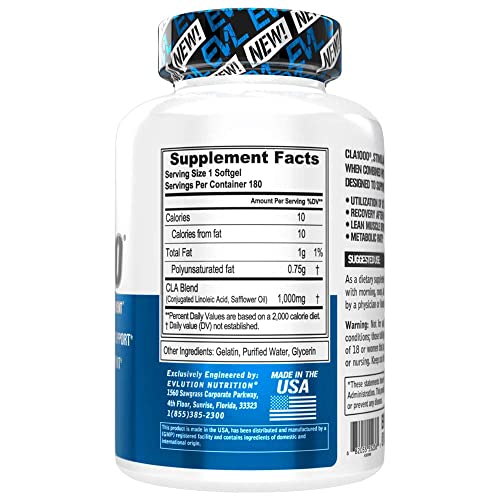 Evlution Nutrition CLA 1000, Conjugated Linoleic Acid, Weight Loss Supplement, Metabolism Support, Stimulant-Free (180 Servings)