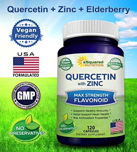 Quercetin 1000mg with Zinc Supplement - 120 Capsules - Quercetin Dihydrate with Black Elderberry & Zinc - Max Strength Powder Complex Pills to Help Improve Immune Response & Anti-Inflammatory