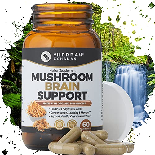 The Herban Shaman Mushroom Supplement Brain Support | Organic Lions Mane, Cordyceps, Ginkgo Leaf, Gotu Kola + More | Natural Herbal Supplement (60 Capsules)