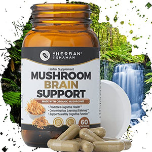 The Herban Shaman Mushroom Supplement Brain Support | Organic Lions Mane, Cordyceps, Ginkgo Leaf, Gotu Kola + More | Natural Herbal Supplement (60 Capsules)