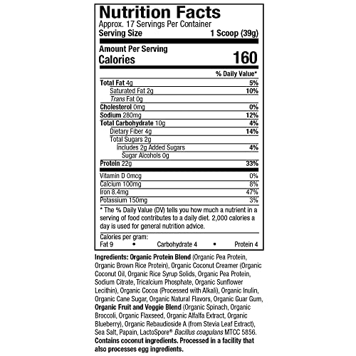 Purely Inspired Plant Based Organic Protein Powder, Vegan for Women & Men, 22 g Per Serving, Pea, Peppermint Mocha, Limited Edition, 17 Servings, 24 Oz