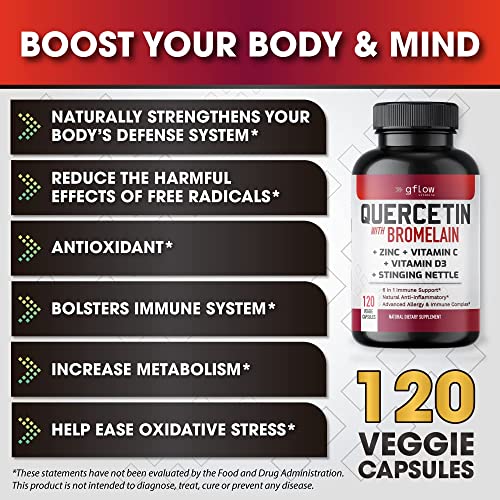 Quercetin with Vitamin C and Zinc - Quercetin 500mg - Stinging Nettle - Quercetin with Bromelain - Zinc Quercetin - 120 Veggie Caps. Quercetin Supplements + Vitamin D3 (Non-GMO, Gluten-Free, Vegan)