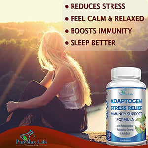 Adaptogen Stress Relief Immune Support Formula, 60 Capsules, Adrenal Support with Ashwagandha, Astragalus, Ginseng, Holy Basil, Rhodiola, Amla, Maca, Schisandra, Eleuthero, Non-GMO