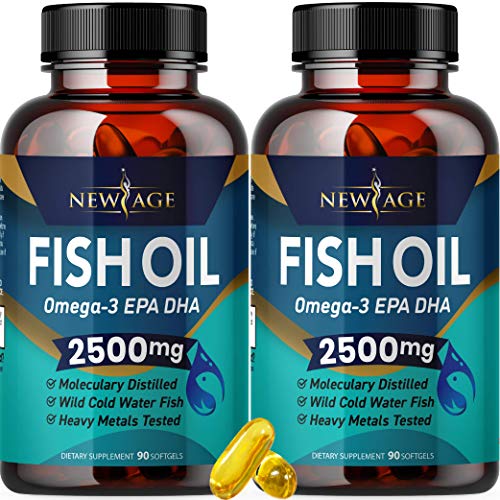 Omega 3 Fish Oil 2500mg Supplement by New Age - 2 Pack – Immune & Heart Support – Promotes Joint, Eye, Brain & Skin Health - Non GMO 180 Softgels - EPA, DHA Fatty Acids Gluten Free