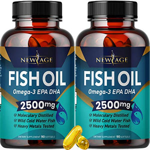 Omega 3 Fish Oil 2500mg Supplement by New Age - 2 Pack – Immune & Heart Support – Promotes Joint, Eye, Brain & Skin Health - Non GMO 180 Softgels - EPA, DHA Fatty Acids Gluten Free