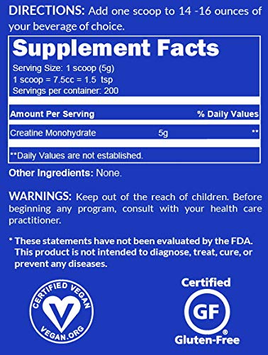 Pure Creatine Monohydrate – 200 Servings - 1,000 Grams, 2.2lb Bulk, Vegan, Non-GMO, Gluten Free, Soy Free. Aid Strength Gains, No Artificial Ingredients - NAKED CREATINE