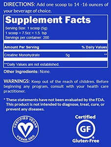 Pure Creatine Monohydrate – 200 Servings - 1,000 Grams, 2.2lb Bulk, Vegan, Non-GMO, Gluten Free, Soy Free. Aid Strength Gains, No Artificial Ingredients - NAKED CREATINE