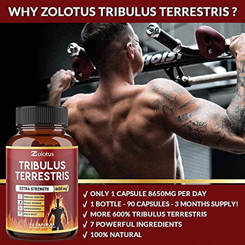Tribulus Terrestris, 8650mg Per Capsule, Highest Potency with Ashwagndha, Panax Ginseng, Saw Palmetto, Maca, Shilajit. Boost Energy, Mood, Stamina & Performance, for Men & Women, 3 Months Supply.