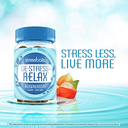 Stressballs De-Stress + Relax with Ashwagandha for Stress Relief Ginseng & Lemon Balm Herbal Blend Non-Drowsy Supplement Gummies, Lemon, 46 Count