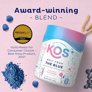 KOS Natural Pre Workout Powder - Blue Raspberry Flavored Blue Spirulina Blend - 70 mg Organic Caffeine, Ginseng, Cordyceps