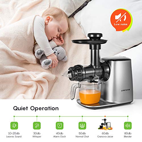 Slow Juicer Machine, Crenova Cold Press Masticating Juicer with 95% Juice Yield, Low Noise, Portable Bottle, Brush, Vegetable & Fruit Juice Recipes, Easy to Assemble & Clean