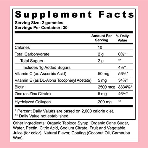 Vitafive Collagen Gummies for Women : Non-GMO & Gluten Free Hair Skin and Nails Gummies Made with Hydrolyzed Collagen, Biotin, Vitamin C, Vitamin E, & Zinc - Natural Lemon Flavor, 200mg (1-Pack)