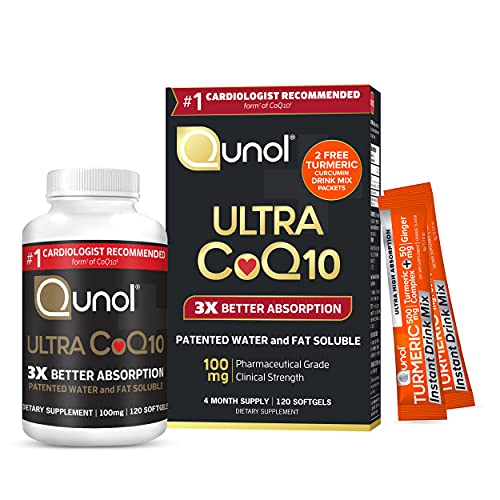 Qunol Ultra CoQ10 100mg, 3x Better Absorption, Patented Water and Fat Soluble Natural Supplement Form of Coenzyme Q10, Antioxidant for Heart Health, 120 Count Softgels W/Turmeric Sachets