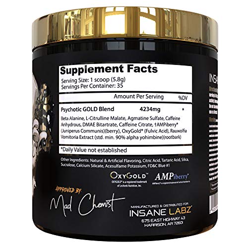 Insane Labz Psychotic Gold, High Stimulant Pre Workout Powder, Extreme Lasting Energy, Focus, Pumps and Endurance with Beta Alanine, DMAE Bitartrate, Citrulline, NO Booster, 35 Srvgs, Gummy Candy