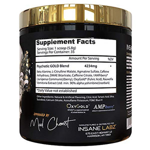 Insane Labz Psychotic Gold, High Stimulant Pre Workout Powder, Extreme Lasting Energy, Focus, Pumps and Endurance with Beta Alanine, DMAE Bitartrate, Citrulline, NO Booster, 35 Srvgs, Gummy Candy