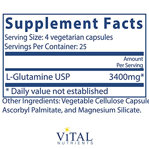 Vital Nutrients - Glutamine - Gastrointestinal and Immune Support - 100 Vegetarian Capsules per Bottle - 3400 mg