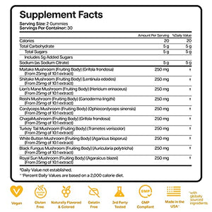 Vegan Mushroom Supplement Complex Gummies - 10 Mushrooms Lions Mane, Turkey Tail, Cordyceps, Reishi, Shitake and Chaga - Nootropics Brain Focus Supplement - Immune Support – 2500 mg 60 Gummies