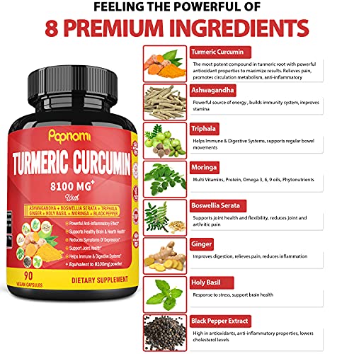 Turmeric Curcumin Extract Capsules 8100mg, 3 Months Supply & Ashwagandha, Triphala, Moringa, Boswellia, Ginger, Tulsi, Black Pepper| Joint Support, Anti Inflammatory| Improve Digestive, Immune System