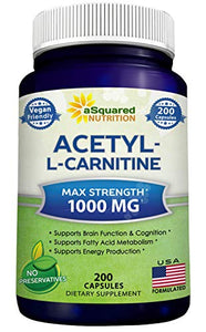 Acetyl L-Carnitine 1000mg Max Strength - 200 Veggie Capsules - High Dosage Acetyl L Carnitine HCL (ALCAR) Supplement Pills to Support Pure Energy, Brain Function & Fatty Acid