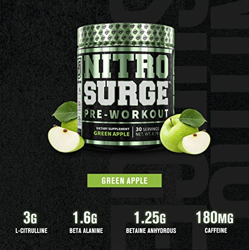 NITROSURGE Pre Workout Supplement - Energy Booster, Instant Strength Gains, Clear Focus, Intense Pumps - Nitric Oxide Booster & Powerful Preworkout Energy Powder - 30 Servings, Green Apple