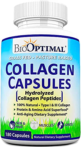 BioOptimal Collagen Pills - Collagen Supplements, 180 Capsules, for Skin, Hair, Nails & Joints, for Women & Men, Grass Fed, Non-GMO, Pasture Raised, Premium Quality