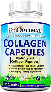 BioOptimal Collagen Pills - Collagen Supplements, 180 Capsules, for Skin, Hair, Nails & Joints, for Women & Men, Grass Fed, Non-GMO, Pasture Raised, Premium Quality