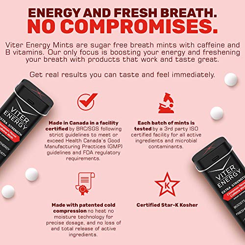 Viter Energy Extra Strength Caffeinated Mints - 80mg Caffeine, B Vitamins, Sugar Free Vegan Breath Mint. Powerful Energizing Boost. 1 Mint Replaces 1 Coffee, Gum, Chews, Gummies (Cinnamon, 6 Pack)