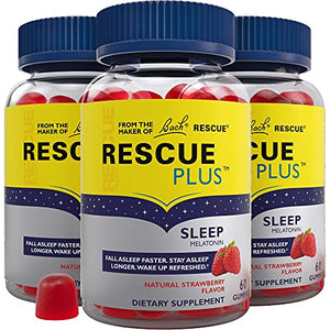 Bach Rescue Plus Melatonin Sleep Gummies, Natural Strawberry Flavor, Drug-Free Sleep Aid, Dietary Supplement, Vegan, Gluten-Free, 3 Pack,180 Count (Packaging May Vary)