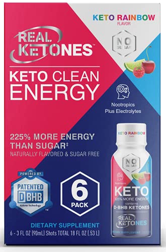 Keto Energy Shots - Exogenous Ketones Pre Workout Energy Drink - 6 Pack with D BHB, Natural Caffeine, and Nootropic Blend - Rainbow Flavor by Real Ketones