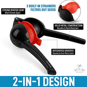 Zulay Metal 2-In-1 Lemon Lime Squeezer - Hand Juicer Lemon Squeezer - Max Extraction Manual Citrus Juicer (Midnight Black and Red)