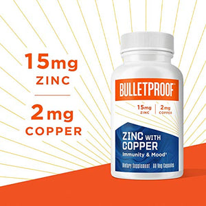 Bulletproof Zinc with Copper Capsules, 60 Count, Minerals and Antioxidant Supplement for Immunity and Mood