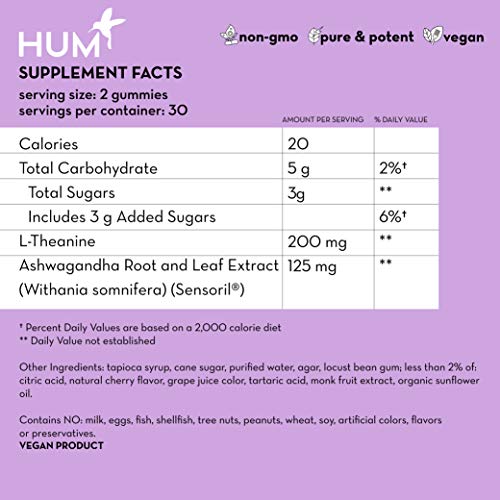 HUM Calm Sweet Calm - Calm Support Gummies with L-Theanine & Ashwagandha for Stress Relief - Vegan Gummy Supplement for Relaxation & Mood Support - Sour Cherry Flavor (60 Vegan Gummies)