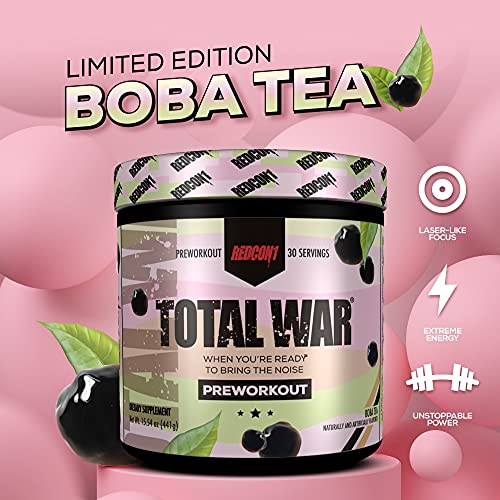 Redcon1 Total War - Pre Workout, 30 Servings, Boost Energy, Increase Endurance and Focus, Beta-Alanine, 350mg Caffeine, Citrulline Malate, Nitric Oxide Booster - Keto Friendly (Boba Tea)