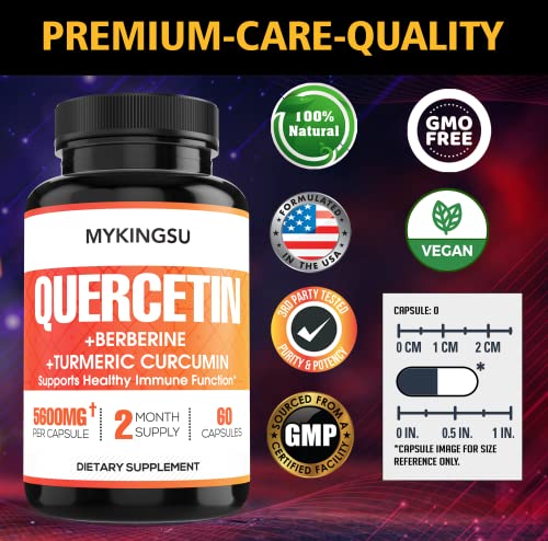 Quercetin Capsules with Berberine, Turmeric Curcumin - 5600mg Per Capsule - Supports Cardiovascular Health, Immune System - 60 Capsules - 2 Month Supply