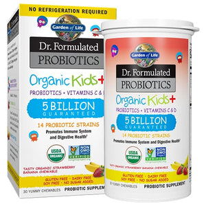 Garden of Life Dr. Formulated Probiotics Organic Kids+ Plus Vitamin C & D Chewables Tablets, Gluten/Dairy & Soy Free, Immune & Digestive Health Supplement, No Added Sugar, Strawberry Banana, 30 Count