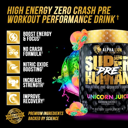 Alpha Lion Pre Workout, Increases Strength & Endurance, Powerful, Clean Energy Without Crash (42 Servings, Unicorn Juice)