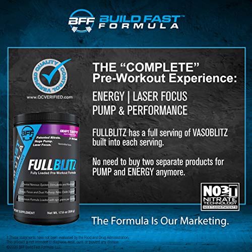 FULLBLITZ by BFF Build Fast Formula | Fully Loaded Pre-Workout | Energy Booster + Huge Dual Pathway Nitric Oxide Boosting Muscle Pumps, Laser Focus & Nootropic Blend – 24 Workouts (Rocket Pop)