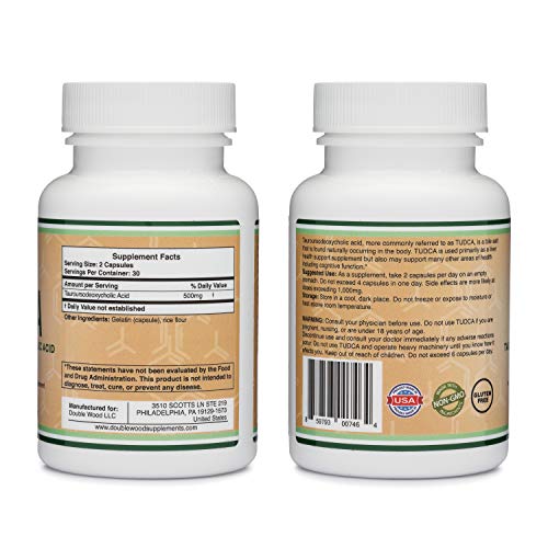 TUDCA Liver Support Supplement, 500mg Servings, Liver Health Aid for Detox and Cleanse (60 Capsules, 250mg) Genuine Bile Acid TUDCA With Strong Bitter Taste by Double Wood Supplements