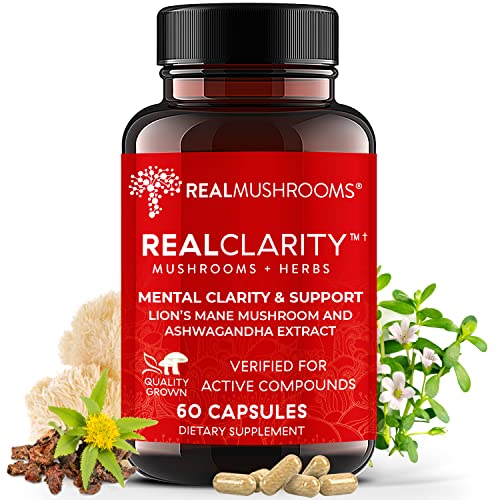 Real Mushrooms RealClarity Brain Supplement Mushroom Powder Capsules - Mushroom Supplement for Mental Clarity, Focus, Cognition, Daily Immune Support - Organic Lions Mane Capsules w Ashwagandha, 60ct