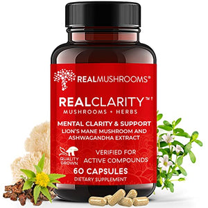 Real Mushrooms RealClarity Brain Supplement Mushroom Powder Capsules - Mushroom Supplement for Mental Clarity, Focus, Cognition, Daily Immune Support - Organic Lions Mane Capsules w Ashwagandha, 60ct