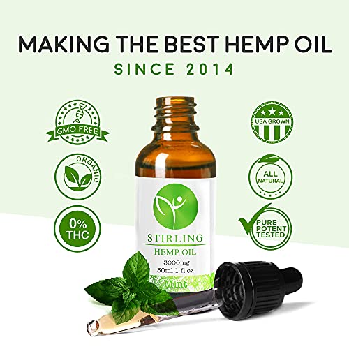 Hemp Oil for Stress and Plain - Organic, USA Hemp w/ MCT - Great Mint Flavor - It’s The Real Deal - 3000mg 1oz Bottle - Stirling