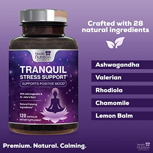 Stress Support Supplement 1000mg, Natural Herbal Formula for Calm, Positive Mood, Relaxation - Made in USA - with Ashwagandha, Niacin, L-Theanine, Rhodiola Rosea, 5-Htp - 120 Capsules